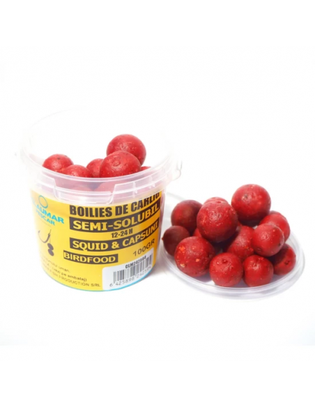 Boilies Claumar Birdfood Semi-solubil, Squid & Capsuni, 16-18-20mm, 100gr