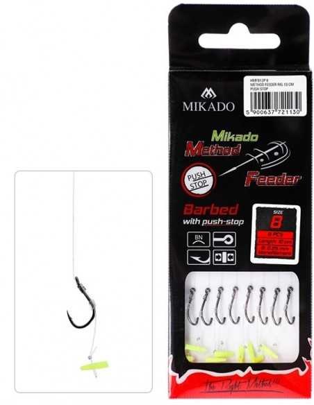 Carlige Legate Mikado Push Stop, Carlig Nr.4, Fir 0.28mm, 10cm, 8buc/plic