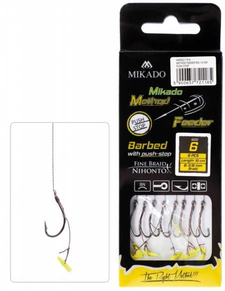 Carlige Legate Mikado Push Stop, Carlig Nr.4, Fir Textil 0.16mm, 10cm, 8buc/plic Carlige Legate Mikado Push Stop, Carlig Nr.4, Fir Textil 0.16mm, 10cm, 8buc/plic