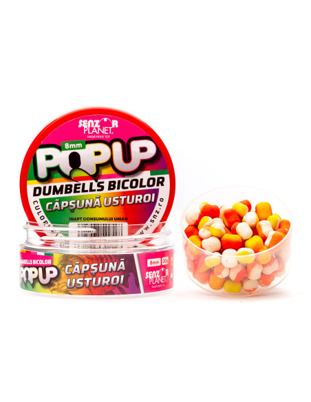 Pop Up Senzor Planet Dumbells Bicolor, Capsuna & Usturoi, 8mm, 30g Pop Up Senzor Planet Dumbells Bicolor, Capsuna & Usturoi, 8mm, 30g