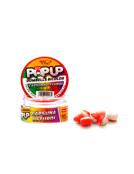 Pop Up Senzor Planet Dumbells Bicolor, Capsuna & Usturoi, 6mm, 15g Pop Up Senzor Planet Dumbells Bicolor, Capsuna & Usturoi, 6mm, 15g