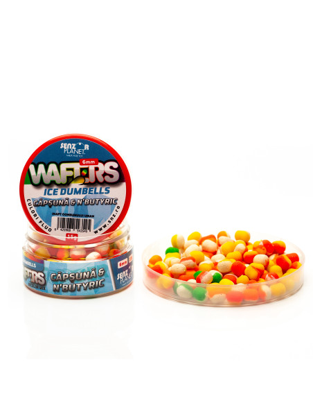 Wafters Senzor Planet Ice Dumbells Bicolor, Capsuna / N'butyric, 6mm, 15g Wafters Senzor Planet Ice Dumbells Bicolor, Capsuna / N'butyric, 6mm, 15g