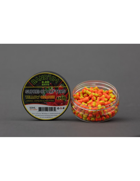 Wafters 2.20 Baits Supreme Bandum Wafters, Yellow Orange, 4mm, 50ml Wafters 2.20 Baits Supreme Bandum Wafters, Yellow Orange, 4mm, 50ml